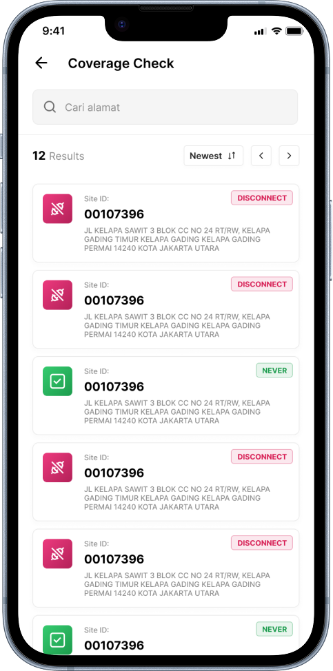 SALLY Coverage Check results listing sites by address with Disconnect and Never coverage status badges